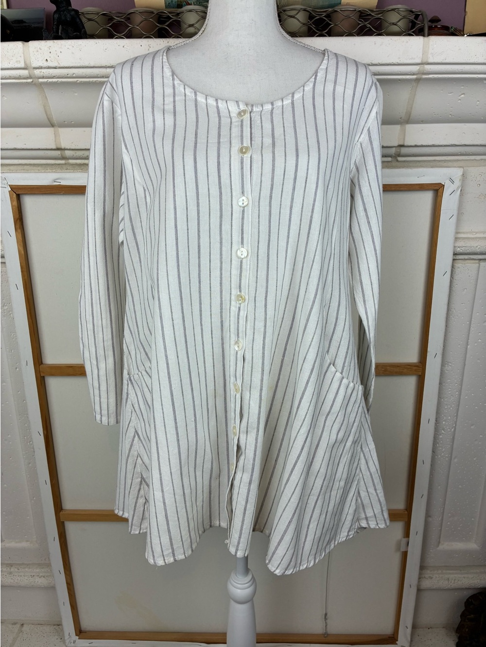 Tulip A-Line Striped Tunic Top Henley front, Amazing Back Detail Homestead vibes